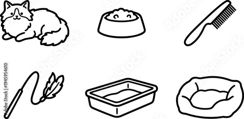 Line art vector set of fluffy cat with feeding bowl comb feather toy litter box and soft cushion pet care icons