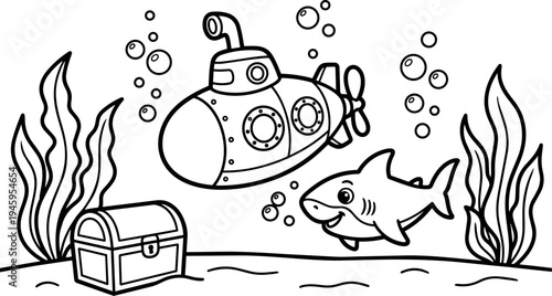 Black and white line art submarine exploring underwater treasure chest with smiling shark near seaweed and bubbles vector illustration