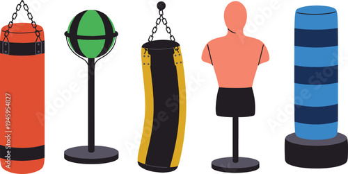 Boxing training equipment set, punching bag speed bag and dummy target illustration, martial arts gym workout tools collection vector icons