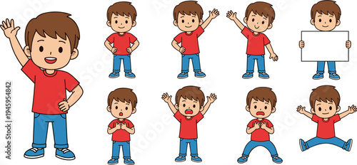 Cute boy character set in red t-shirt and blue jeans waving hand holding blank sign and showing various emotions isolated vector