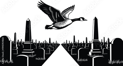 MobBlack and white woodcut illustration of a Canada goose flying over a cemetery with gravestones and obelisks in perspective view.ile
