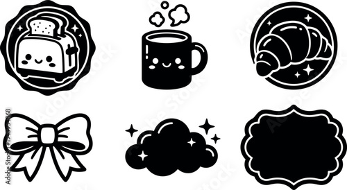 Cute kawaii style smiling bread toaster steaming coffee croissant bow cloud and ornate frame vector icons set