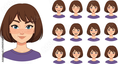 Young woman avatar character head set with various facial expressions including happy sad angry surprised and winking for social media emoji and interface design.