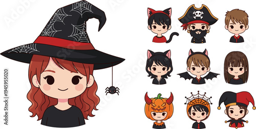 Cute chibi children character set wearing various Halloween costumes including witch pirate cat and vampire isolated on white background vector illustration