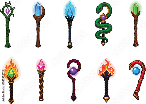 Fantasy magic staff set, wizard wand with crystal gemstone fire and snake design, magical sorcerer weapon collection, game fantasy vector icons