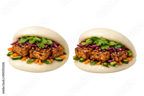 Two vegan bao buns with grilled tofu and fresh vegetables