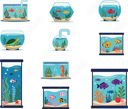 Aquarium fish tank icons set, colorful underwater aquatic life illustration with goldfish turtle seahorse coral plants, home aquarium vector collection