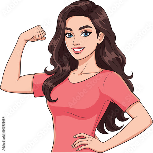 Confident young woman showing her muscle and strength wearing pink t-shirt isolated on white background flat vector illustration