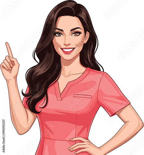 Smiling young woman character in pink scrubs pointing finger up in presentation pose isolated on white background flat vector illustration