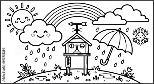 Smiling sun cloud and rainbow with rain drops umbrella and weather station on grassy hill black and white vector art
