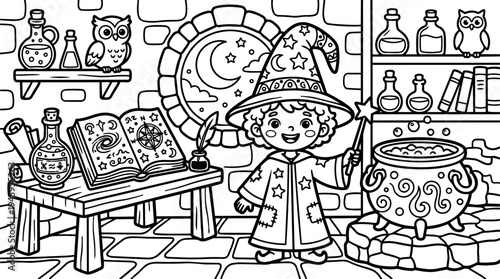 Black and white line art wizard child casting spell with magic wand near bubbling cauldron in mystical room with potions and spellbook window moon stars view
