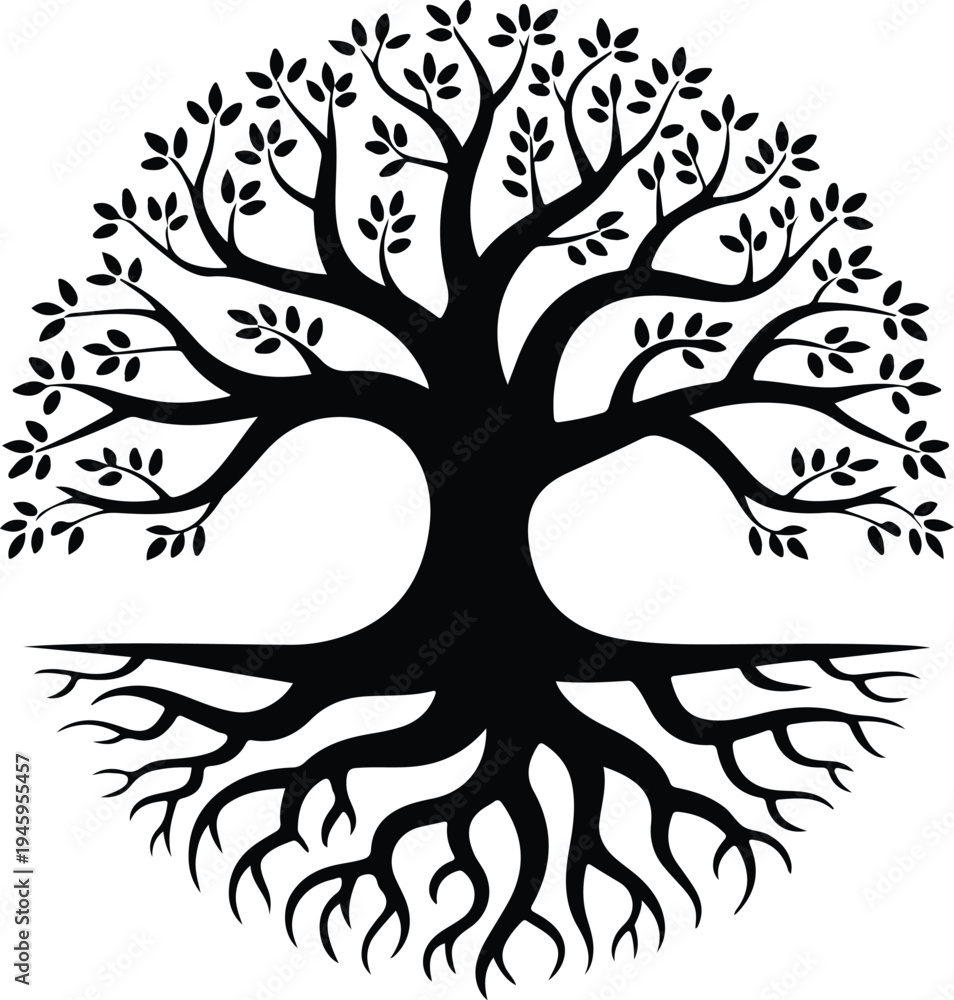 Obraz premium Tree of life with roots and leaves black silhouette vector illustration