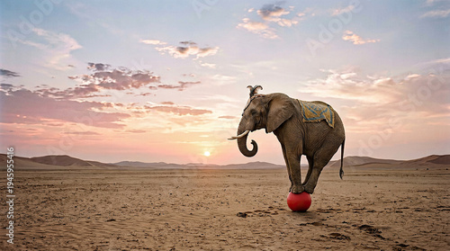 Elephant balancing on a tiny red ball in middle of desert