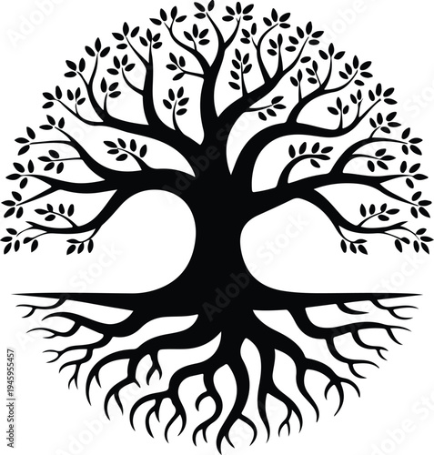 Tree of life with roots and leaves black silhouette vector illustration