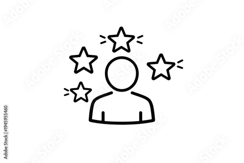 Customer Review and Rating Icon Vector Illustration: Black Outline of a Person Surrounded by Four Sparkling Stars, Representing Feedback, Quality, and User Experience for Websites and Marketing
