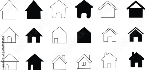 Set of 20 house icons vector, black and white