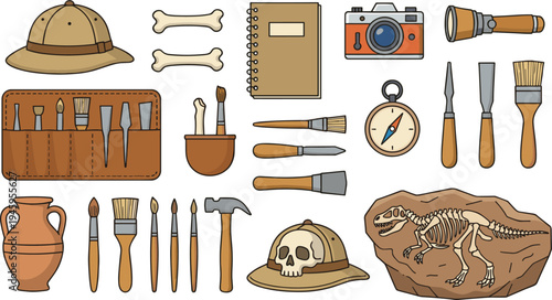 Archaeology tools and exploration equipment set, fossil excavation kit with brushes, hammer, compass, notebook, camera and dinosaur skeleton illustration vector