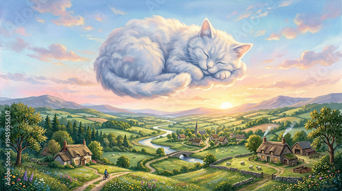 Cloud shaped like a giant sleeping cat floating above peaceful countryside