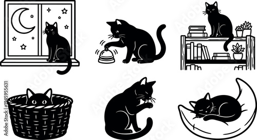 Black cat sitting near window moon and stars playing with bell on white background vector art collection