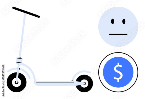 Transportation, cost efficiency, eco-friendly travel, urban mobility, rental services, affordability. Electric scooter with neutral face icon and dollar symbol. Transportation and cost efficiency