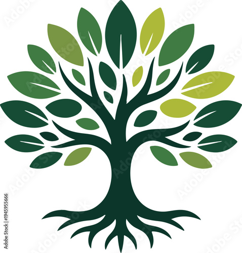 Stylized tree vector illustration with green leaves and root system