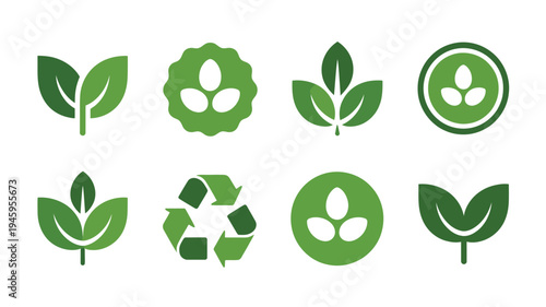 Eco Friendly Product Label Icon Set with Leaf, Recycling and Environmental Certification Badges