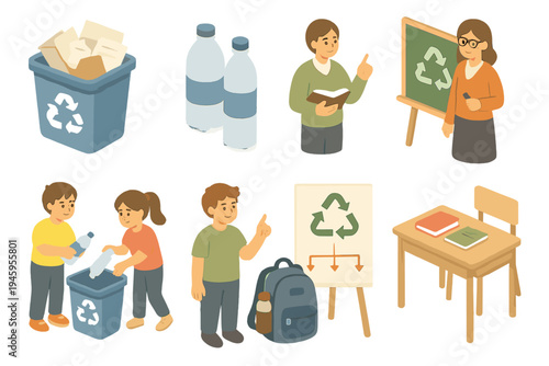 School Recycling Icons. School Recycling flat icons paper bin, plastic bottles, chalkboard, kids collecting waste, teacher, recycling chart, backpack, clean desk