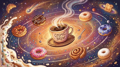 Floating donuts orbiting a coffee cup like planets