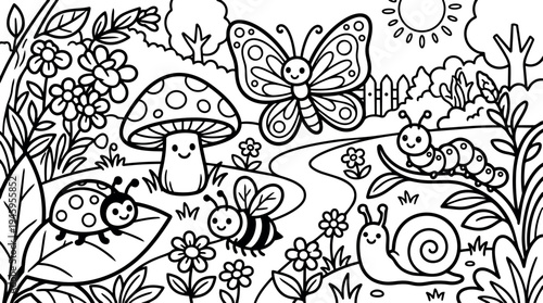Black and white line art garden scene with smiling mushroom butterfly snail caterpillar ladybug bees flowers and sun background