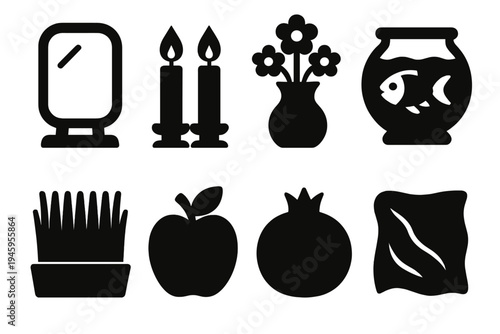 Nowruz Table Icons. Nowruz Table Symbols silhouette set: mirror, candle pair, flower vase, goldfish bowl, sabzeh sprouts, apple, pomegranate, silk cloth