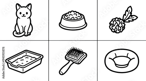 Minimalist vector art set of cat sitting food bowl cat toy litter box grooming brush and pet bed line icons simple pet care elements black and white design