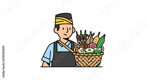 Street Food Vendor with Basket of Snacks and Skewers