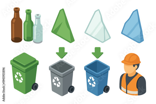 Isometric Glass Sorting Icons. Glass Sorting Station flat icons colored bottles, green glass, clear glass, blue glass, bins, arrows, worker, label tag