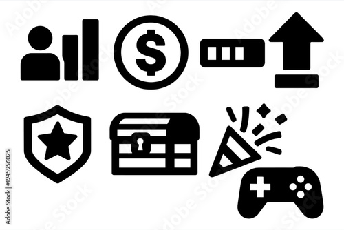 Gamified Icon Set. Gamified Rewards silhouette set: leaderboard, coin reward, progress bar, level-up arrow, digital badge, treasure chest, celebration icon, gaming controller