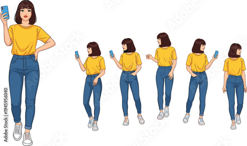 Young woman character set wearing yellow t-shirt and blue jeans holding smartphone in various poses for mobile application marketing and social media lifestyle.