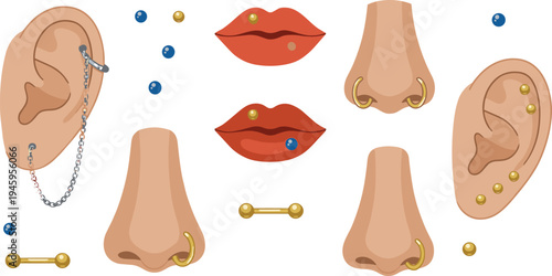 Body piercing set illustration, ear nose and lip piercings with jewelry, piercing styles and body modification concept, fashion accessories vector collection