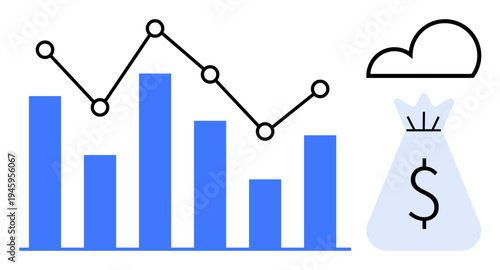 Bar graph with a line chart, cloud storage icon, and money bag with dollar sign. Ideal for finance, analytics, data, online services, investment, cloud technology and economic trends