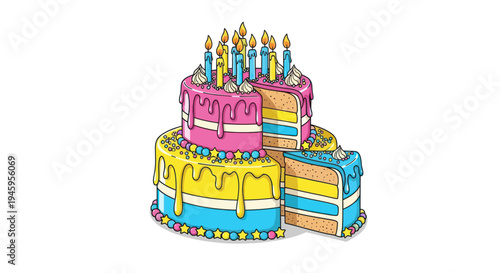 Colorful Birthday Cake with Slice Cut, Candles Lit, Festive Celebration
