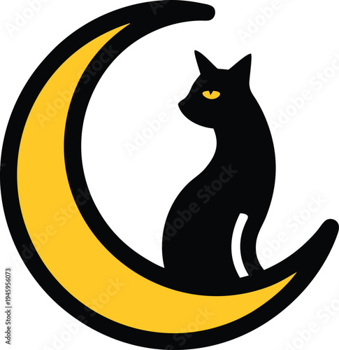Black Cat On Crescent Moon Vector Illustration, Mystical Feline Symbol, Halloween Design Element