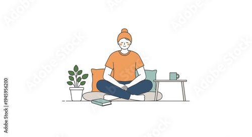 Woman meditating peacefully on floor cushions, surrounded by plants and books, calm lifestyle