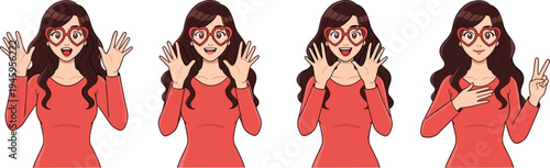 Set of young woman character wearing heart shaped glasses and red top gesturing with surprise and joy isolated on white background flat vector illustration