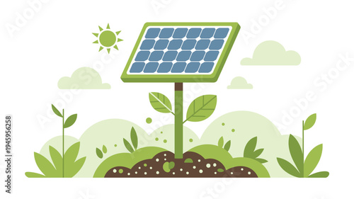 Solar Panel Plant Growth Concept Showing Renewable Energy Technology Sprouting From Soil Sustainable Power
