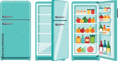 Refrigerator with open door showing fruits, drinks and food storage shelves, kitchen appliance illustration, modern fridge interior organization, household appliance vector