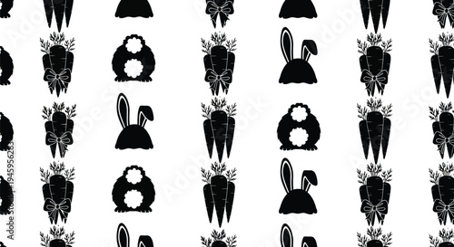 Cute black and white vector graphic illustration depicting a seamless pattern of bunny elements and carrot bundles.