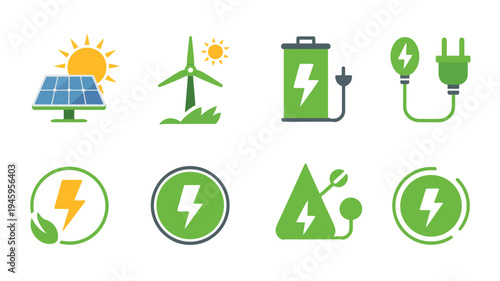 Renewable Energy Icon Set with Solar, Wind, Battery and Electric Power Technology