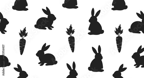 Seamless vector graphic pattern design featuring black rabbit silhouettes and carrot icons