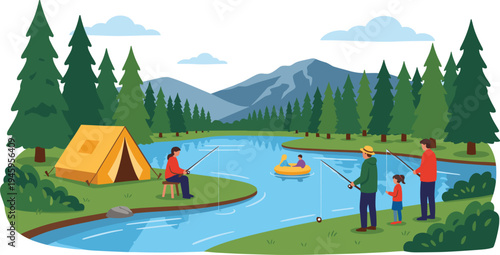 Family camping and fishing by mountain lake, outdoor adventure with tent, forest landscape and river illustration, nature travel vacation activity vector