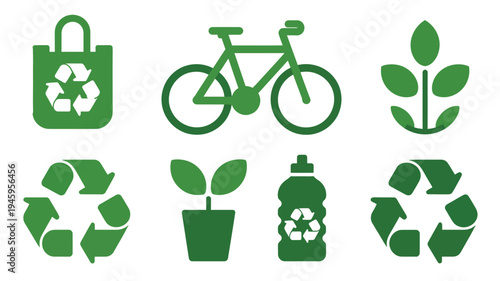 Eco Lifestyle Icon Set Showing Sustainable Living Habits And Environmental Friendly Daily Activities