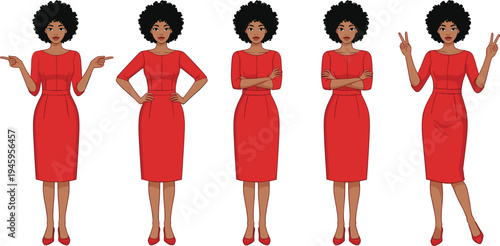 Black woman character set in red dress gesturing pointing and standing with arms crossed isolated on white background flat vector illustration