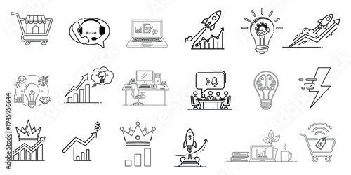 Collection of 15 various black and white line drawings of objects